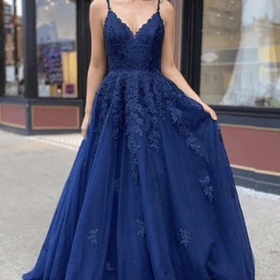 Long tulle lace a-line v-neck formal prom dresses, pd230229 - Thumbnail 4