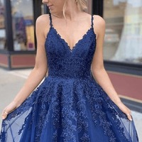 Long Tulle Lace A-line V-neck Formal Prom Dresses, PD230229 - Thumbnail 2