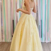 Tulle A-line V-neck Lace Appliques Long Formal Prom Dresses, PD230230 - Thumbnail 2