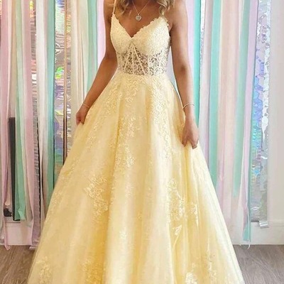 Tulle a-line v-neck lace appliques long formal prom dresses, pd230230 - Thumbnail 5