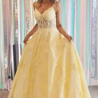 Tulle A-line V-neck Lace Appliques Long Formal Prom Dresses, PD230230 - Thumbnail 1