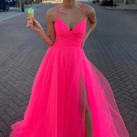 Simple Tulle A-line Long Formal Prom dresses With Slit, PD230231 - Thumbnail 2