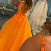 Tulle V-neck Long Formal Prom Dresses With Lace Appliques, PD230232 - Thumbnail 2