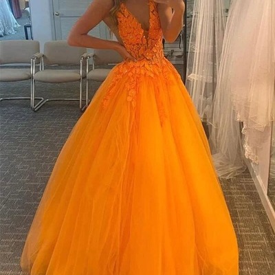 Tulle v-neck long formal prom dresses with lace appliques, pd230232 - Thumbnail 3