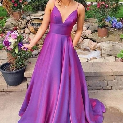 Satin a-line spaghetti straps prom dresses with pockets, pd230233 - Thumbnail 4