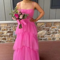 A-line Tiered Tulle Princess Long Formal Prom Dresses, PD230234 - Thumbnail 1