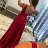 A-line V-neck Silk Satin Prom Dresses with Slit, PD230235 - Thumbnail 1