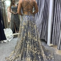 Tulle Sequins Spaghetti Straps Prom Dresses With Slit, PD230236 - Thumbnail 1