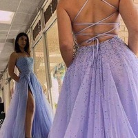 A-line Tulle Beaded Long Prom Dresses With Slit, PD230237 - Thumbnail 1