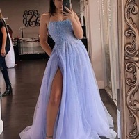 A-line Tulle Beaded Long Prom Dresses With Slit, PD230237 - Thumbnail 2