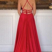 A-line Satin V-neck Long Prom Dresses With Slit, Evening Gowns, PD230238 - Thumbnail 1