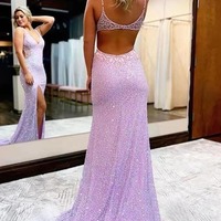 Long V-neck Sparkly Mermaid Prom Dresses With Slit, Evening Dress, PD230239 - Thumbnail 1