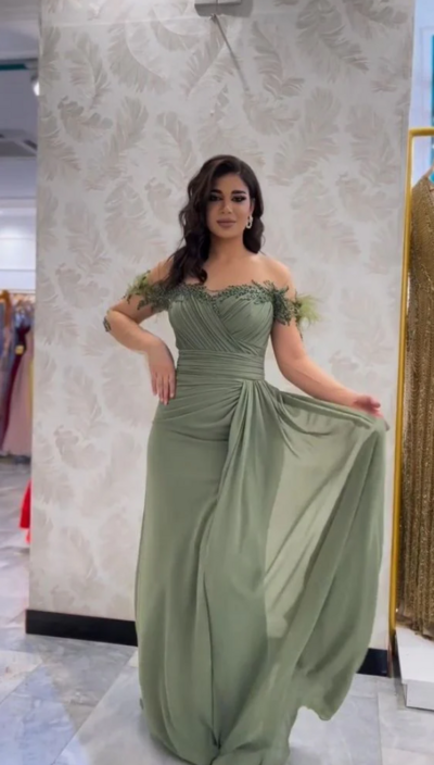 Elegant Green Chiffon Long Sleeves Evening Dress for Wedding Party 