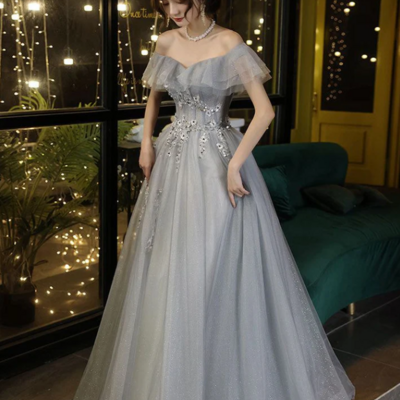 Off shoulder a line gray tulle long prom dress - Thumbnail 2