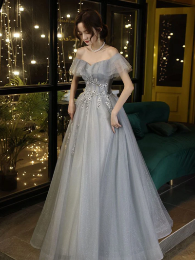 Off Shoulder A Line Gray Tulle Long Prom Dress