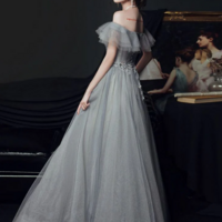 Off Shoulder A Line Gray Tulle Long Prom Dress - Thumbnail 3
