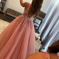 V-neck A-line Princess Prom Dresses With Appliques, Evening Dress, PD230240 - Thumbnail 1