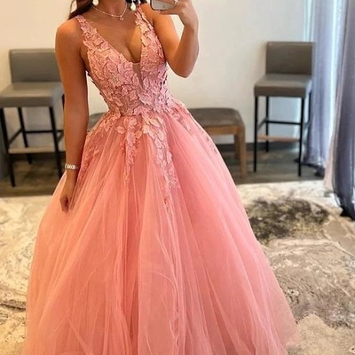 V-neck a-line princess prom dresses with appliques, evening dress, pd230240 - Thumbnail 4