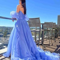 A-line Beautiful Tulle Puff Sleeves Long Prom Dress, Evening Dress, PD230242 - Thumbnail 1