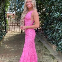 Deep V-neck Tulle Mermaid Prom Dresses With Lace Appliques, PD230244 - Thumbnail 1