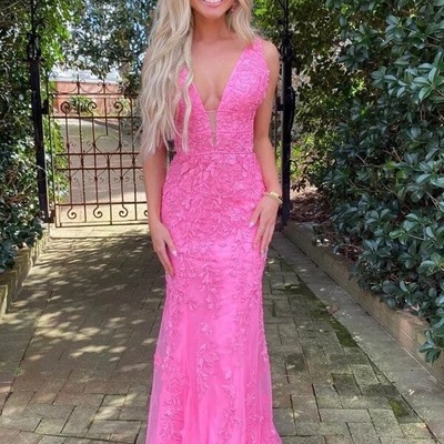 Deep v-neck tulle mermaid prom dresses with lace appliques, pd230244 - Thumbnail 4