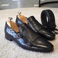 Specially Manufactured Black Ostrich Monk Strap With Belt And Shoes Formal Dress Shoes - Thumbnail 1