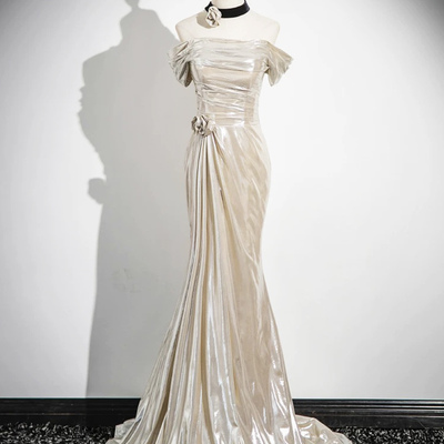Mermaid off the shoulder prom dress, champagne floor length party dress
