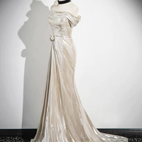 Mermaid Off the Shoulder Prom Dress, Champagne Floor Length Party Dress - Thumbnail 3