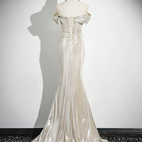 Mermaid Off the Shoulder Prom Dress, Champagne Floor Length Party Dress - Thumbnail 4