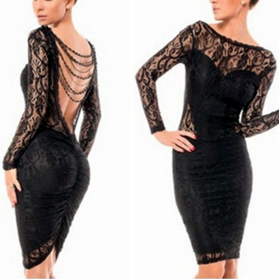 Elegant sexy delicate chained long sleeve backless midi dress