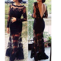 Womens Elegant Lace Floral Sheer Backless Dress - Thumbnail 2