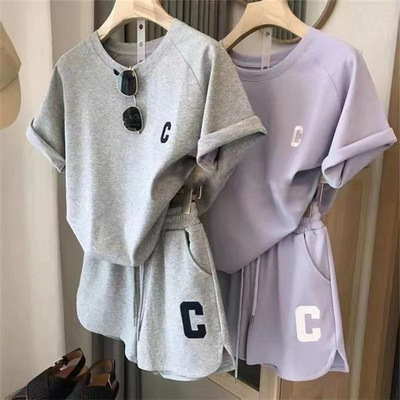 Korean Women's Summer Set Loose Short Sleeve T-shirt Casual Shorts Sports Printed Letter Casual Two Piece Set