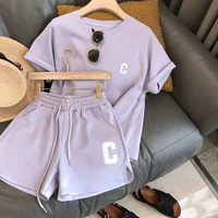 Korean Women's Summer Set Loose Short Sleeve T-shirt Casual Shorts Sports Printed Letter Casual Two Piece Set - Thumbnail 2