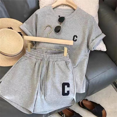 Korean women's summer set loose short sleeve t-shirt casual shorts sports printed letter casual two piece set
