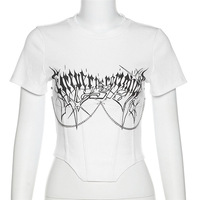  Spring/Summer New Women's Street Trendy  Metal Chain Printed Waist Umbilical T-shirt - Thumbnail 3