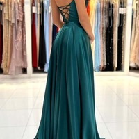 A-line Square Neck Prom Dresses With Slit, Party Dresses, PD230246 - Thumbnail 1