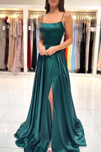A-line Square Neck Prom Dresses With Slit, Party Dresses, PD230246