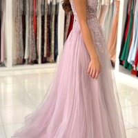 A-line V-neck Beaded Tulle Prom Dresses With Slit, Evening Gowns, PD230247 - Thumbnail 1