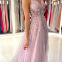 A-line V-neck Beaded Tulle Prom Dresses With Slit, Evening Gowns, PD230247 - Thumbnail 2