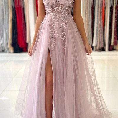 A-line v-neck beaded tulle prom dresses with slit, evening gowns, pd230247 - Thumbnail 5
