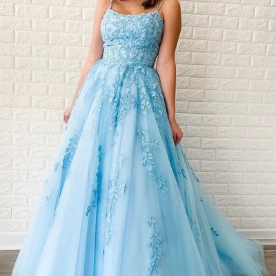 A-linetulle spaghetti straps scoop prom dresses with appliques, pd230248 - Thumbnail 4