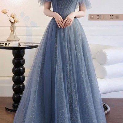 A-line sparklytulle blue off-the-shoulder prom dresses, evening gown, pd230249 - Thumbnail 4
