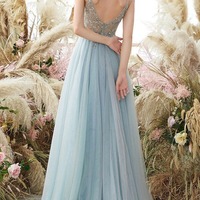 A-line V-neck Tulle Spaghetti Straps Beaded Long Prom Dresses, PD230251 - Thumbnail 2