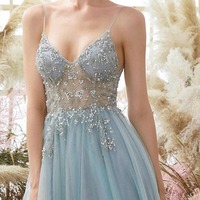 A-line V-neck Tulle Spaghetti Straps Beaded Long Prom Dresses, PD230251 - Thumbnail 1