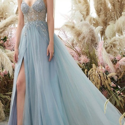 A-line v-neck tulle spaghetti straps beaded long prom dresses, pd230251 - Thumbnail 3