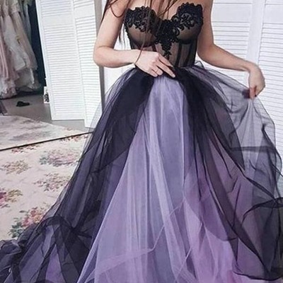 Lilac black a-line sweetheart tulle prom dresses with lace appliques, pd230252