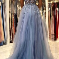 A-line V-neck Tulle Beaded Long Prom Dresses, PD230253 - Thumbnail 2