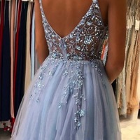 A-line V-neck Tulle Beaded Long Prom Dresses, PD230253 - Thumbnail 1