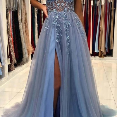 A-line v-neck tulle beaded long prom dresses, pd230253 - Thumbnail 4