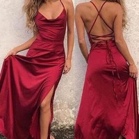 A-line Spaghetti Straps Floor-length Prom Dress With Slit, PD230256 - Thumbnail 1